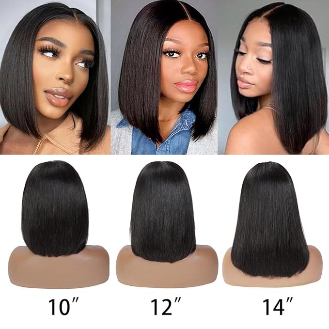 Wear and Go Glueless Bob Wig, 10 Inch, 180% Density, Human Hair, Natural Black, No Shedding, No Tangle, Adjustable Elastic Cap