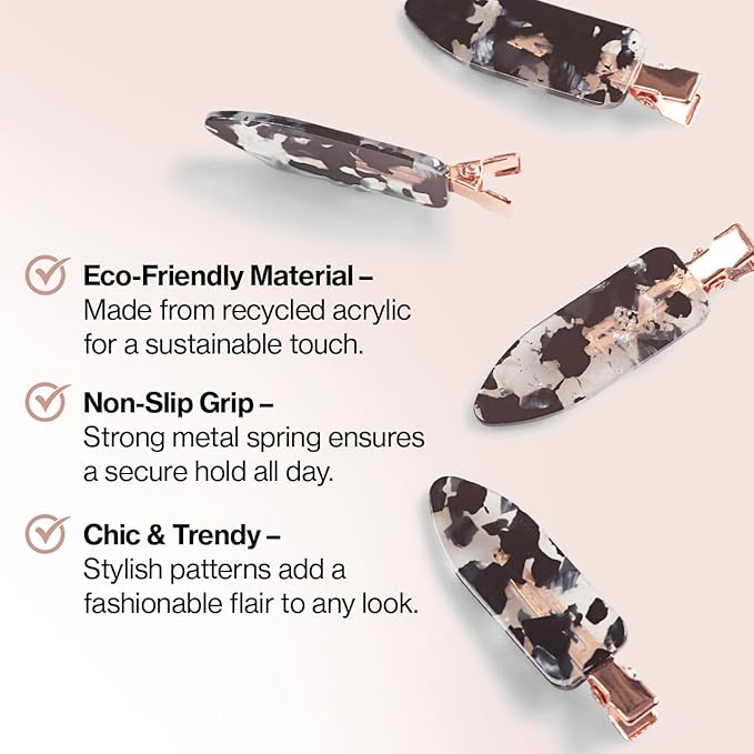 Kitsch Creaseless Hair Clips for Women - No Crease, No Bend Hair Clips for Styling, Bangs, Makeup Application, Face Wash | Recycled Acrylic - Black Terrazzo | Ideal Gifts for Women, 4pcs