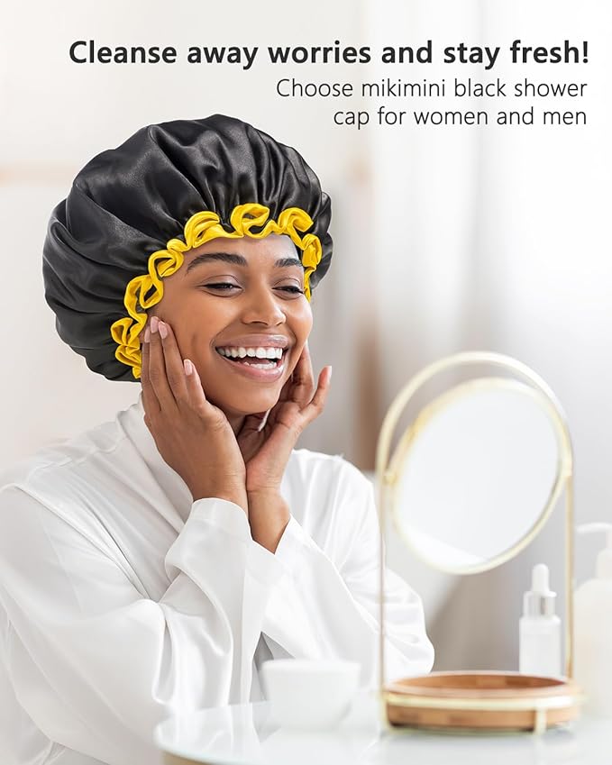mikimini Extra Large Black Shower Caps Pack of 2 for Women and Men Thick Long Hair Braids, Reusable Waterproof Double Layers XL Bathing Hair Cap with Vibrant Yellow Edge (Black)