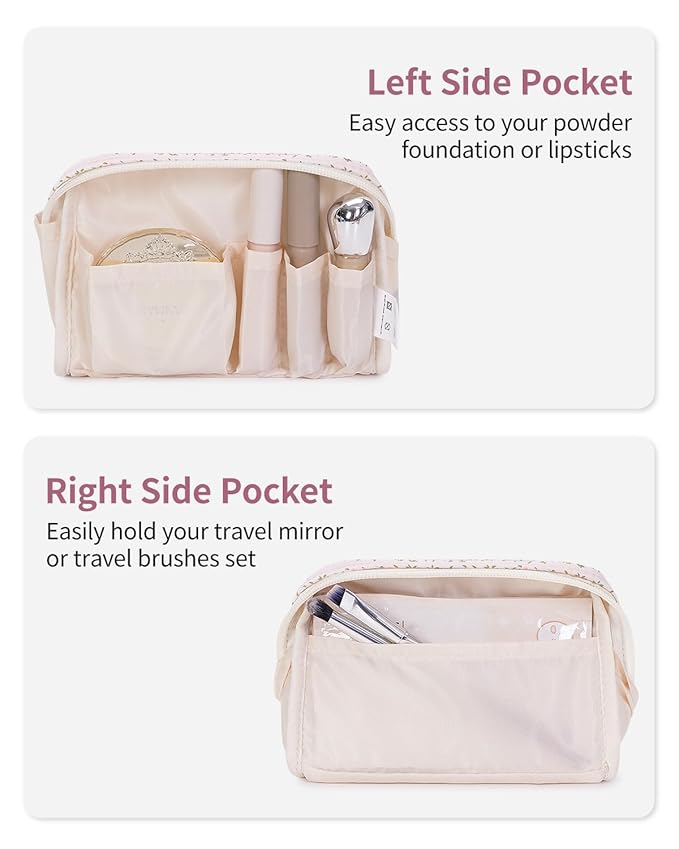 Narwey Small Cute Floral Makeup Bag for Purse Mini Cosmetic Bag Travel Makeup Pouch Zipper Pouch Cute Make up Bags with Compartments for Women Girls (Pink Flower Buds, Small)