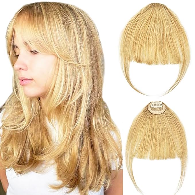 ORIGEN Clip in Bangs Real Human Hair Clip on Wispy Bangs Fringe with Temples Hairpieces Fake Front Bangs Extensions for Women Ash Blonde Color