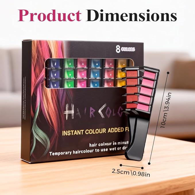Festive Fun Hair Chalk Combs, 2026 New Chalk Hair Color for Girls, Temporary Wash out Hair Color Kids, Christmas Girl Gifts, Skin Safe Materials (8 colors)