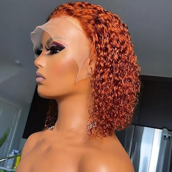 GOLFMAX 8 Inch Curly Bob Wig 350# Orange Ginger Lace Front Wigs Human Hair Short Bob Wig Human Hair Water Wave 13x4 Lace Front Wigs Pre Plucked