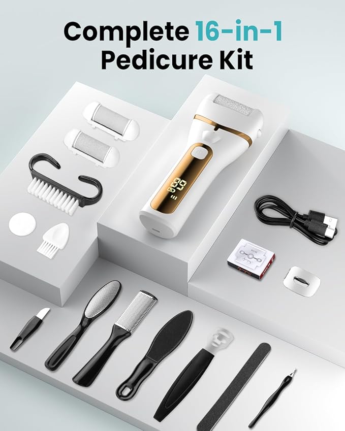 PUBOO Foot Callus Remover Electric 10000 RPM 3-Speed IPX7 Rechargeable Pedicure Kit for Hard Skin Women & Men. Portable Multi-Roller File Grinder Sander Scrubber with LED Display for Wet & Dry Feet