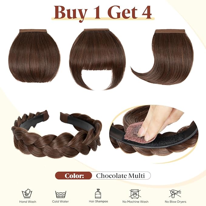 SARLA Braided Headband with 3 Detachable Clip in Bangs Fringe Hairpieces Fake Synthetic Hair Band Bangs for Women Chocolate Multi