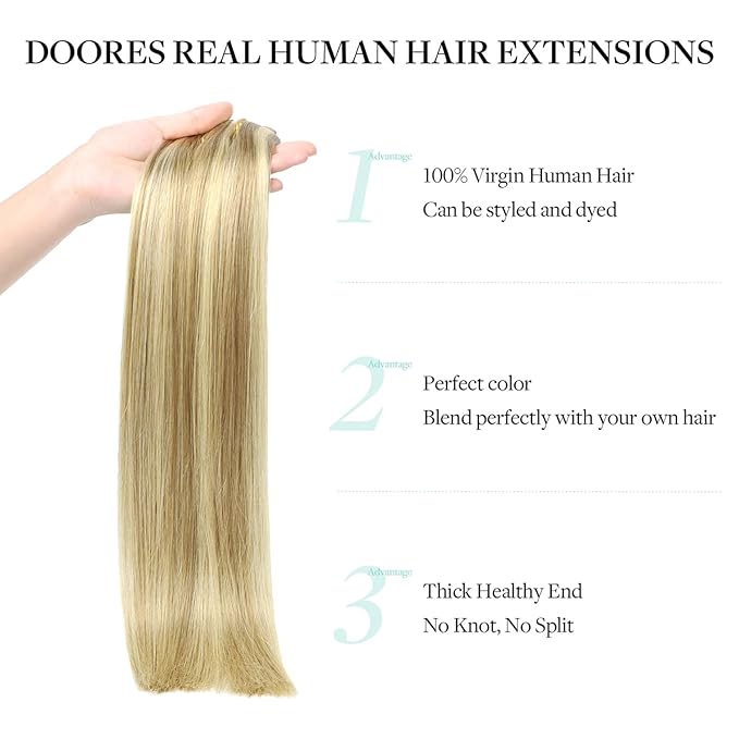 DOORES Hair Extensions Seamless Clip in Real Human Hair, Light Blonde Highlighted Golden Blonde 24 Inch 120g 7pcs, Human Hair Extensions Skin Weft Remy Straight Hair Invisi Edge Hair Extensions