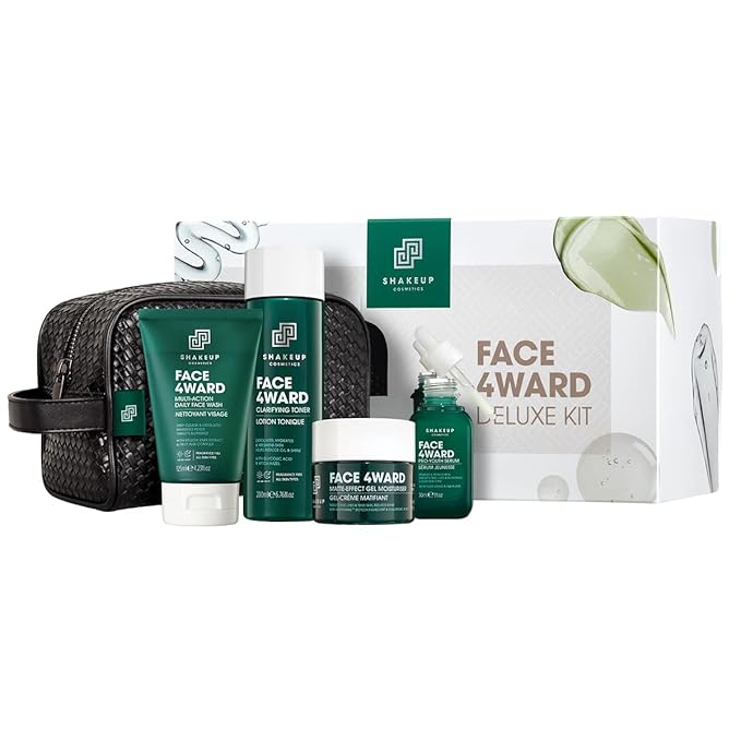 Shakeup - Mens Skincare Routine with Wash Bag, Gift Set, Daily Face Wash, Clarifying Toner, Anti Ageing Serum, Matte-Effect Moisturiser, Plus Wash Bag