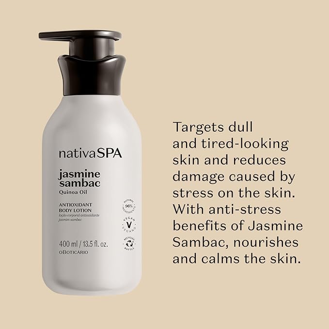Nativa SPA by O Boticario Jasmin Sambac Anti-Stress Body Lotion, Fragranced Moisturizer Enriched with Purified Quinoa Drops to Boost Hydration, 13.5 Ounce (400ml)