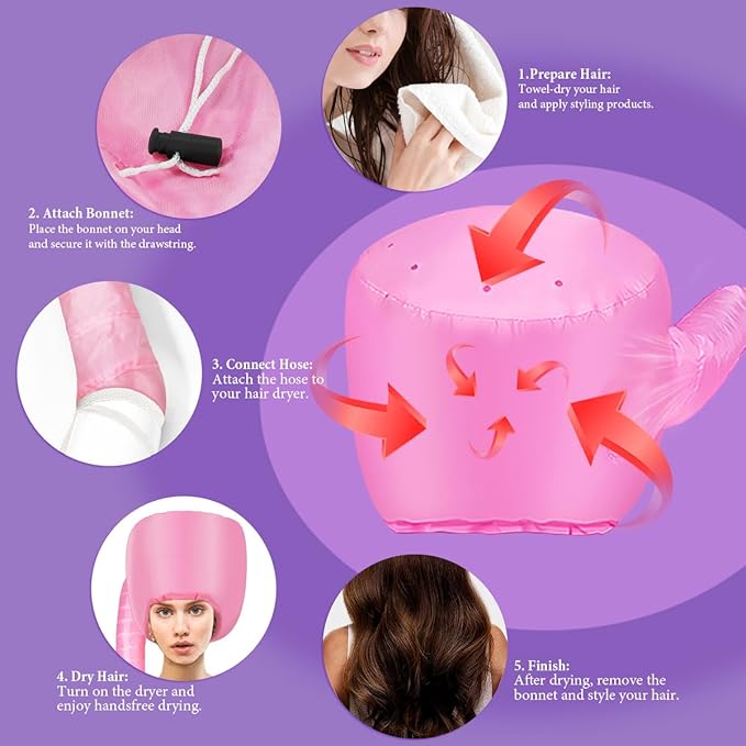 Hooded Hair Dryer Bonnet - Fast-Drying Bonnet Hair Dryer for Natural Hair, Deep Conditioning, Styling, & Curl Enhancing - Adjustable Fit, Heat Distribution, Portable & Lightweight for Travel（Pink）