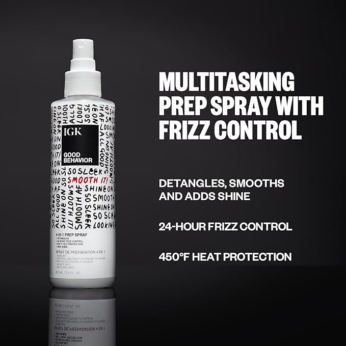 IGK GOOD BEHAVIOR Smoothing Frizz Fighters Travel Set | 4-in-1 Prep Spray + Spirulina Protein Smoothing Spray | Frizz Control + Heat Protectant | Vegan + Cruelty Free