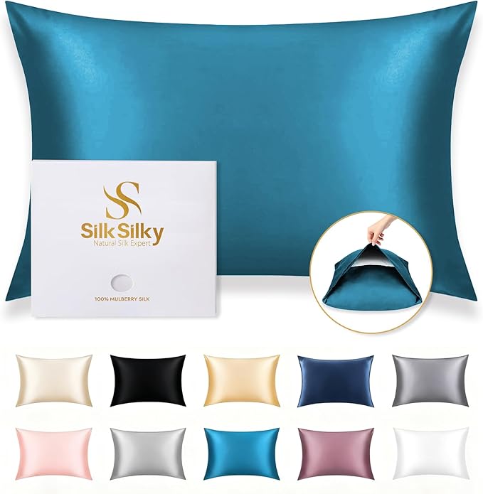 SilkSilky 100% Mulberry Silk Pillowcase - Pure 22 Momme High-Grade 6A Fibers for Hair & Skin, Envelope Closure, Natural, Organic, Breathable & Cooling Pillow Case (Queen, Teal)