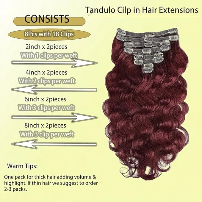 Clip in Hair Extensions Real Human Hair Body Wave 99J Burgundy Clip in 100% Brazilian Remy Human Hair Extensions 8pcs Per Set with 18 Clips Double Weft 20 Inch 105g/3.6oz