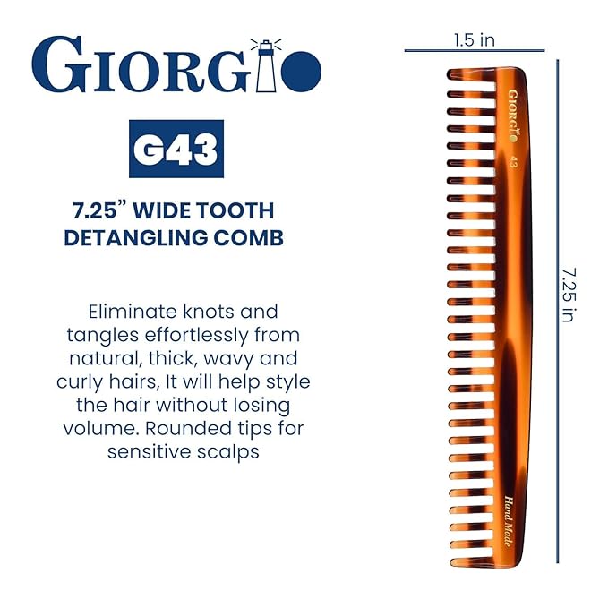 Giorgio G43 Large 7.25 Inch Detangling Comb, Wide Teeth for Thick Curly Wavy Hair. Long Hair Detangler Comb For Wet and Dry. Handmade of Quality Cellulose, Saw-Cut, Hand Polished, Tortoise Shell