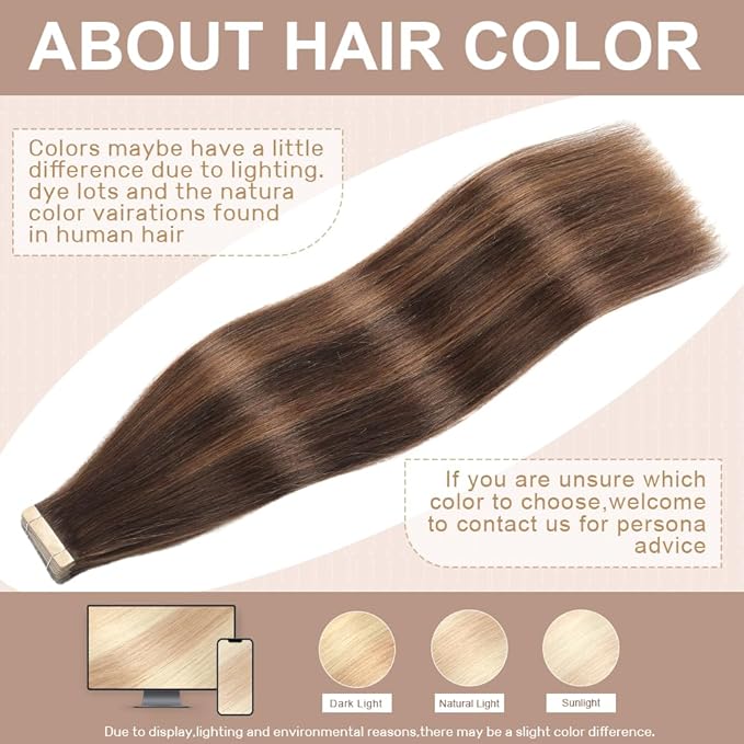 Tape in Hair Extensions Real Human Hair 24 Inch Dark Brown to Mixed Chestnut Brown Tape for Skin Weft Hair Extension Invisible Tape in Hair Extensions Straight Remy Human Hair for Women 20pcs
