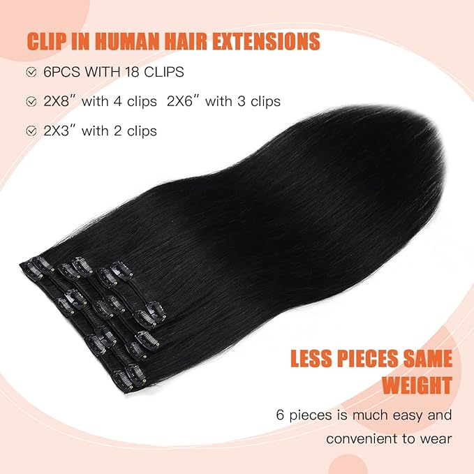XDhair Black Clip In Hair Extensions Human Hair120g 20 Inch 6Pcs Clip in Hair Extensions Straight Natural Hair (#1,20Inch)