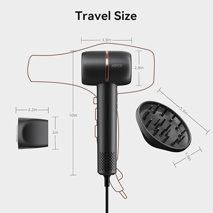 Ionic Hair Dryer Fast Drying, 160000 RPM High-Speed Brushless Motor, Thermo-Control Professional Blow Dryer, Low Noise, Lightweight, Magnetic Concentrator and Diffuser for Curly & Straight Hair, Gray
