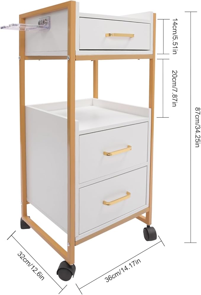 Salon Trolley with Wheels, 3 Drawers Salon Cart with Hair Dryer Holder Utility Salons Cabinet for Tools Storage at Barbershop Beauty Salons Tattoo Shop (White)