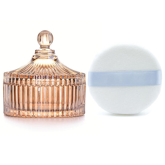 Ultra Soft Powder Puff and Container 3.3" High Density Velvet Dusting Washable Reusable Powder Puff,Body Powder Puff and Glass Jar Holder Loose Powder Box with Puff for Face Makeup(Amber)