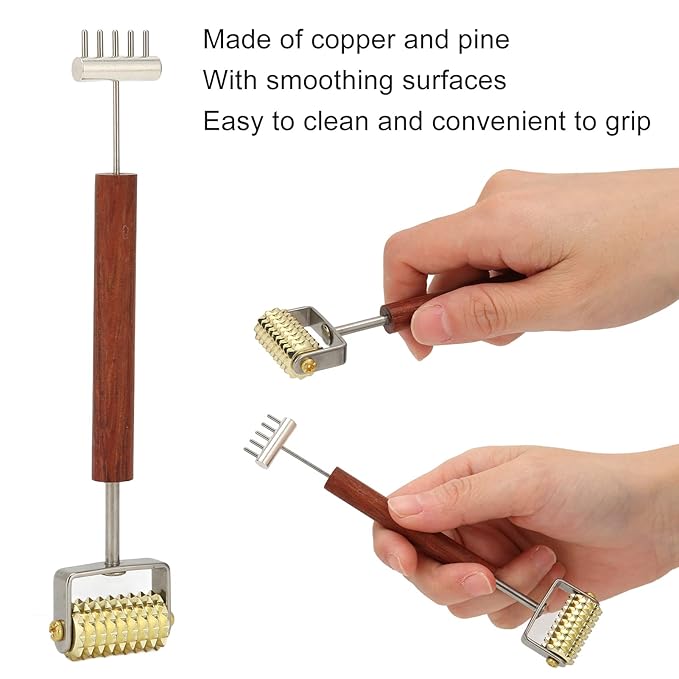 Double Head Design Face Massage Roller, Copper Wooden Handle Promote Circulation Double Head Skin Roller Massage Stick Copper Acupoint Pressing Tool