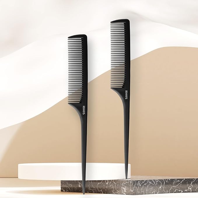 RHOS Rat Tail Combs for Parting, Fine Tooth Teasing Comb with Pick, 2 Pack Hair Styling Combs Set for Women and Men, Black, ABS Material