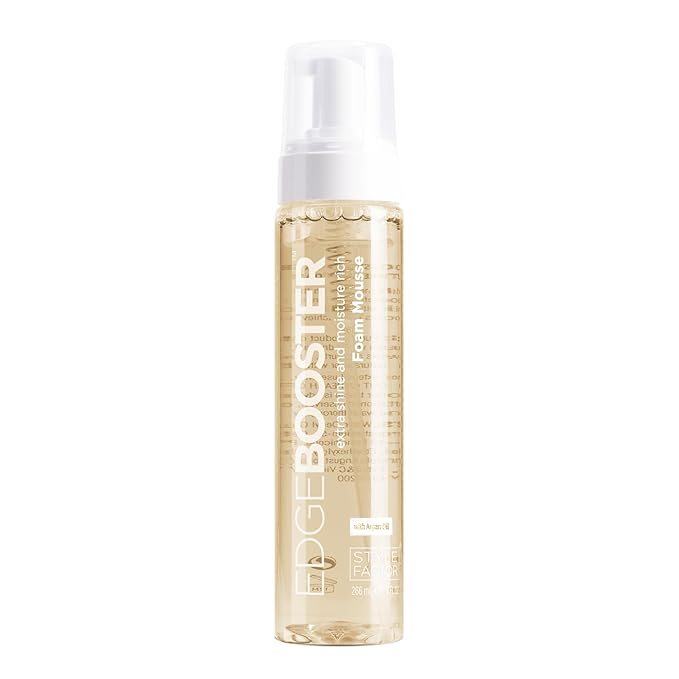 Style Factor EDGE BOOSTER Extra Shine & Moisture Rich Foam Mousse | Lightweight Styling for Curls, Waves, Braids, Locs & Protective Styles | Volume & Shine | With Argan Oil | 9 fl oz