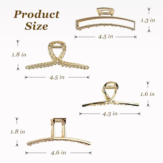 4 Pcs Large Metal Hair Claw Clips for Women, Non-slip Claw Clips with Strong Hold Jaw, Fashion Accessories for Thin Thick Long Curly Hair (Gold2)
