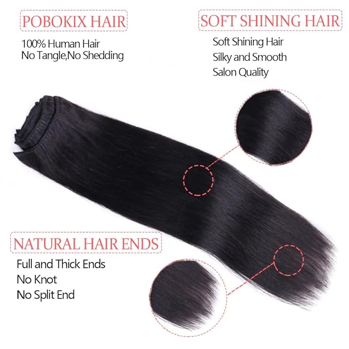 26Inch Clip in Hair Extensions Real Human Hair Straight 8Pcs Remy Hair Extensions Clip in Human Hair with 18Clips Double Lace Weft 120g Natural Black