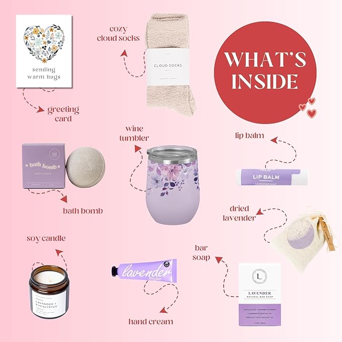 Unboxme Lavender Spa Gift Set - Relaxation Gifts For Women - Get Well Soon Gift Basket with Scented Candle, Bath Bomb, Soap ("Sending Hugs" Greeting Card, Luxury Lavender Collection)