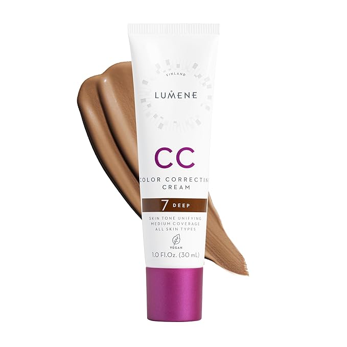 Lumene Color Correcting CC Cream - Lightweight Foundation with Medium Coverage - Redness Reducing Face Makeup for a Glowing Complexion - Vegan Formula + Suitable for All Skin Types - Deep (1 fl oz)