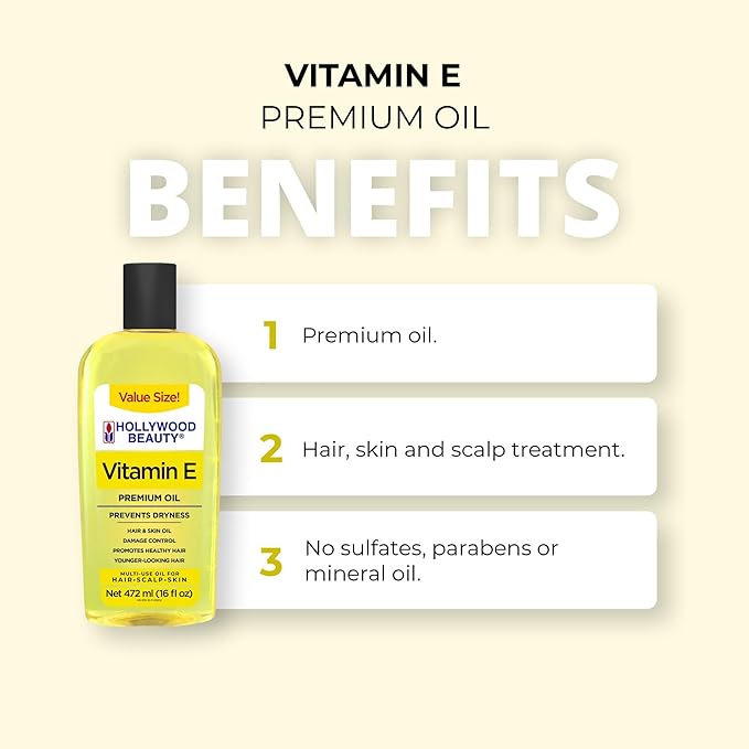 Hollywood Beauty Vitamin E Oil for Hair, Scalp, and Skin, VALUE SIZE 16 fl oz - Prevents Dryness and Helps Repair Damage
