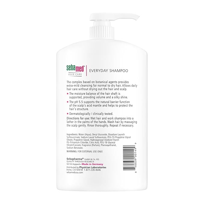 SEBAMED Everyday Shampoo for All Hair Types and Sensitive Scalp Hypoallergenic Dermatologist Recommended pH 5.5 Soap and Alkali Free for Soft and Healthy Hair (1 Liter) Pack of 2