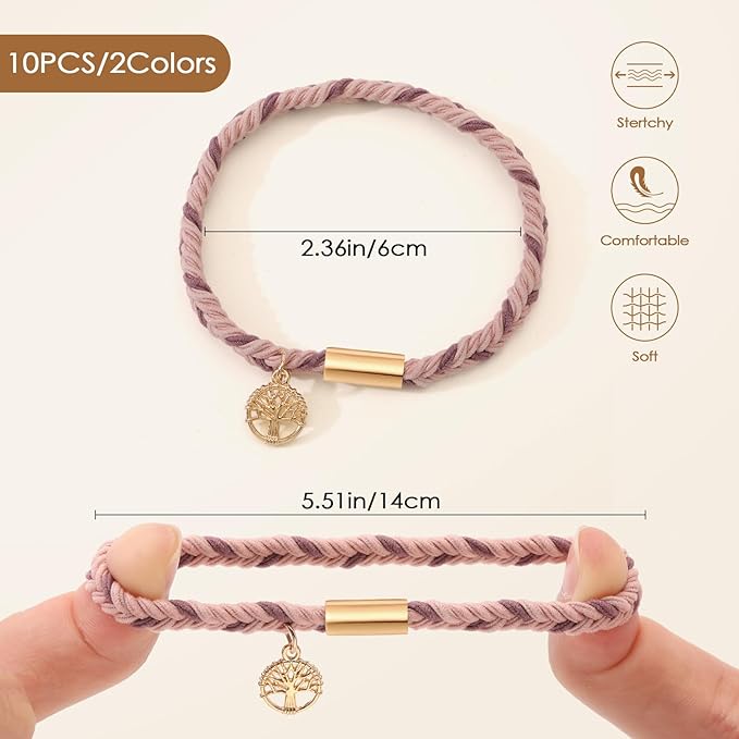 10 PCS Boho Hair Ties - No-Damage, Stretch Bracelets for Thick & Thin Hair, 5 Styles, Pink