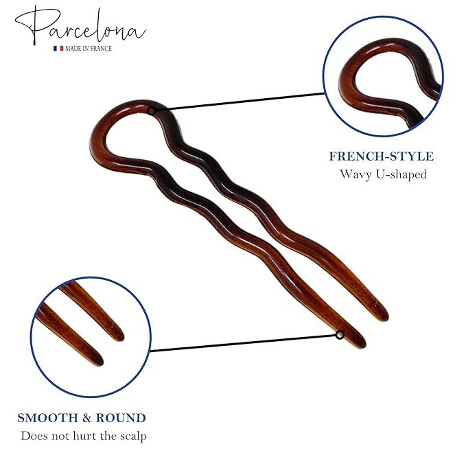 Parcelona French Sleek Brown Tortoise Shell Large 3 1/2" Celluloid Made in France Set of 3 Wavy Crink U Shaped Chignon Hair Pins Updo Bun Pin Sticks for Women and Girls