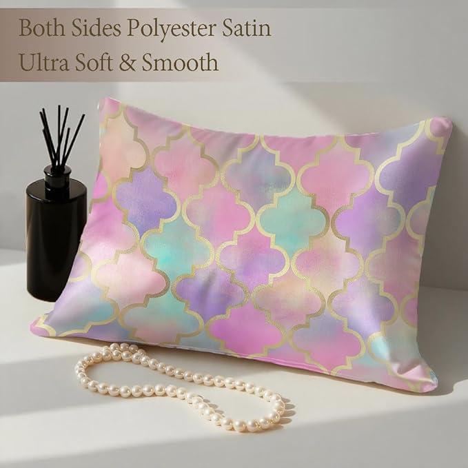 1 Pack Satin Pillowcase for Hair and Skin Vintage Colorful Moroccan Gold Line Imitation Silk Pillowcase with Hidden Zipper Soft Breathable Pillow Cover Standard Size for Bedroom Sofa 20”x26”