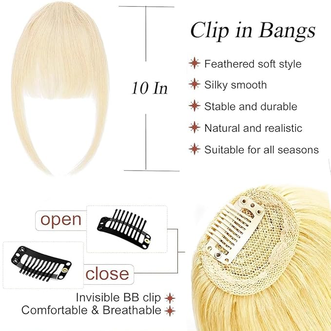 Clip in Bangs Blonde Color 100% Real Human Hair Wispy Clip on Bangs Extensions Fringe with Temples Hairpieces for Women