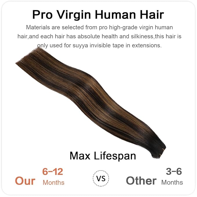 SUYYA Invisible Tape in Hair Extensions Human Hair Seamless Injected Hand-Tied Pro Virgin Human Hair Tape Ins Balayage Natural Black to Chestnut Brown 20PCS 40G/Pack Straight(14 inch #P1B/6/T1B)
