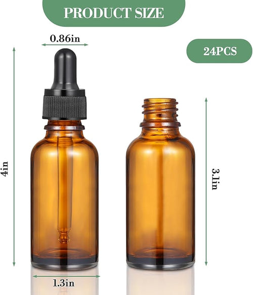 24 Pcs 1 oz Amber Glass Dropper Bottles, Leak-Proof Tincture Bottles with 2 Stainless Steel Funnel, 1 Extra Dropper, 48 Stickers & 1 Brush for Essential Oils, Perfume, Hair Oil, Travel Liquids