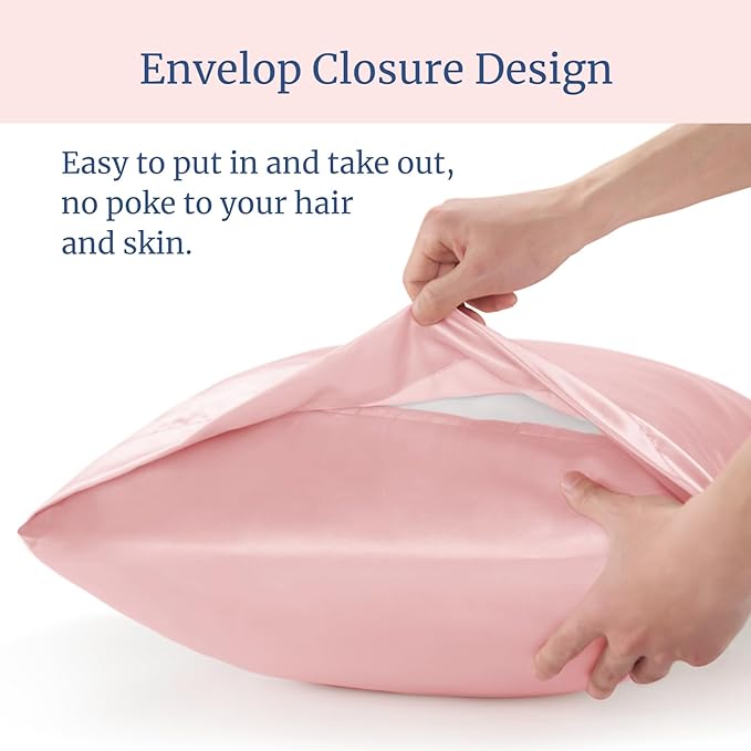 BEDELITE Satin Pillowcase for Hair and Skin, Super Soft and Cooling Similar to Silk Pillow Cases 2 Pack with Envelope Closure, Gift for Women Men(20"x26" Standard Size, Pink)