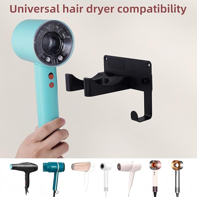 Hair Dryer Holder, Aluminum Alloy Blow Dryer Holder with Adhesive/Screw Installation, Universal Hair Dryer Wall Mount Compatible with Dyson Hairdryer Holder for Bathroom Black UEMUSI