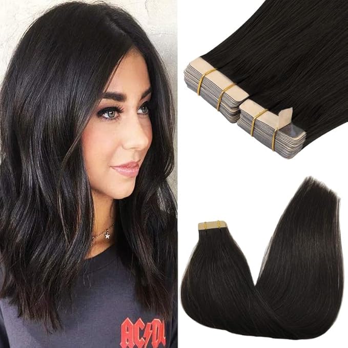 GOO GOO Tape in Hair Extensions Human Hair, 1B Natural black, 16inch 100g 40pcs, Skin Weft Seamless Invisible, Silky Straight with Thick Ends, Remy Human Hair