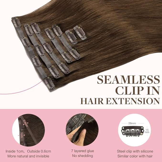 GOO GOO Clip in Hair Extensions Real Human Hair, Remy Human Hair Extensions Clip ins for Women, Natural Human Hair, 14inch 110g 7Pcs, 4A Chocolate Brown