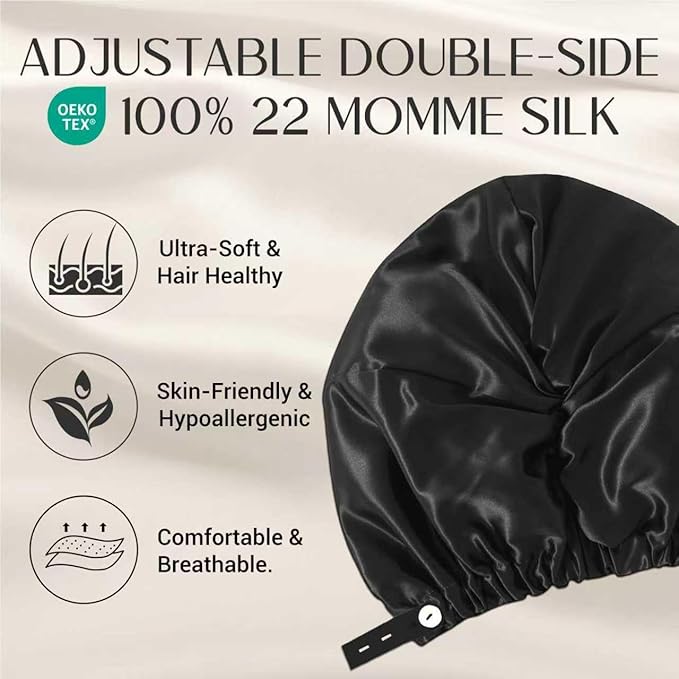 ZIMASILK 22 Momme Adjustable 100% Mulberry Silk Bonnet for Sleeping Women, Silk Hair Wrap for Hair Protection, That Reduces Falling off (1Pc, Black)