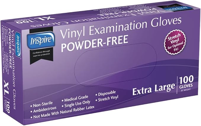 Inspire Medical Exam Gloves | Powder Free Stretch Vinyl Gloves | Disposable Latex Free Gloves | Disposable Food Safe Food Prep Cooking Gloves