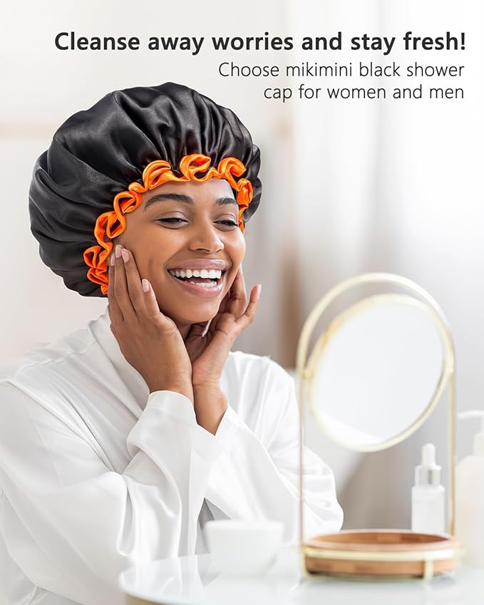 mikimini Small Black Shower Caps for Kids, Double Layers Waterproof Bathing Hair Cap with Reusable Soft Comfortable PEVA Lining, Cute, Non-fading & Stretchy Shower Hat Small Pack of 1, Black + Orange