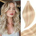 Tape in Hair Extensions Straight Double Sided Remy Ash Blonde Highlighted Bleach Blonde 22 Inch 20pcs Invisible Tape in Hair Extensions Human Hair (P18K/60#,22 Inch)