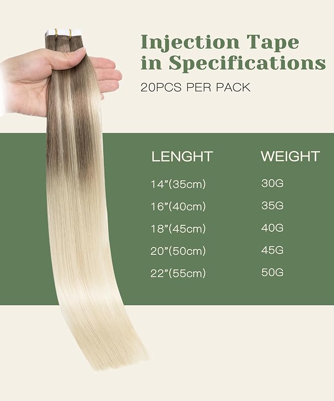 SURNEL Injected Tape in Hair Extensions Human 16Inch Ash Brown to Platinum Blonde Invisible Tape in Extensions 20 Pcs 35g(#860,16)