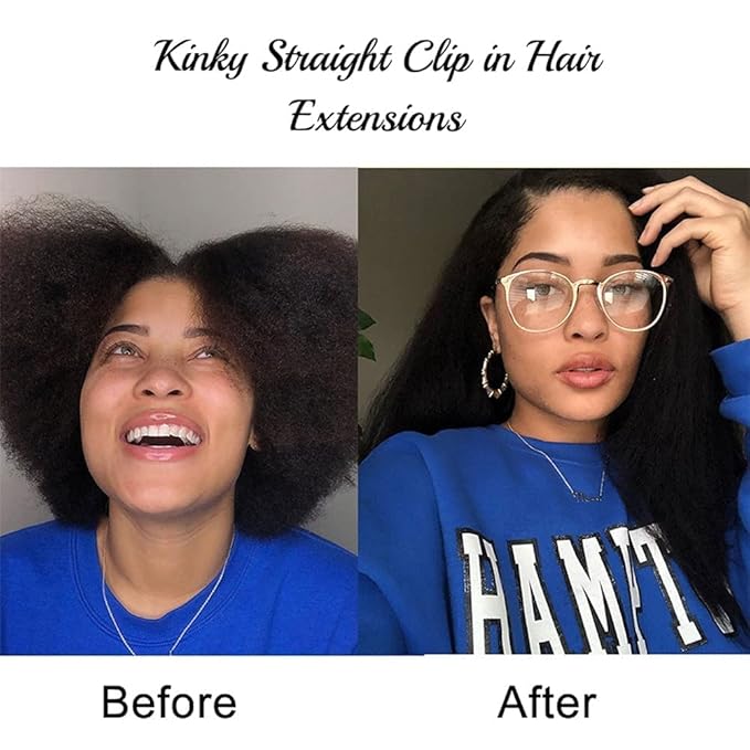 Clip in Hair Extensions Real Human Hair Natural Black Kinky Clip ins Seamless Kinky Straight Clip on Hair Extensions for Women 8pcs with 18 Clips 120g(26inch)