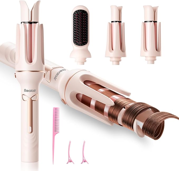 Automatic Curling Iron Beach Wave Curling Wand, Ceramic Coated, Straightening Brush, 1inch and 1.25 inch Portable 3-in-1Hair Curler, 2-Way Rotation Curler 4 Temperatures, 30 Min Auto Shut-Off