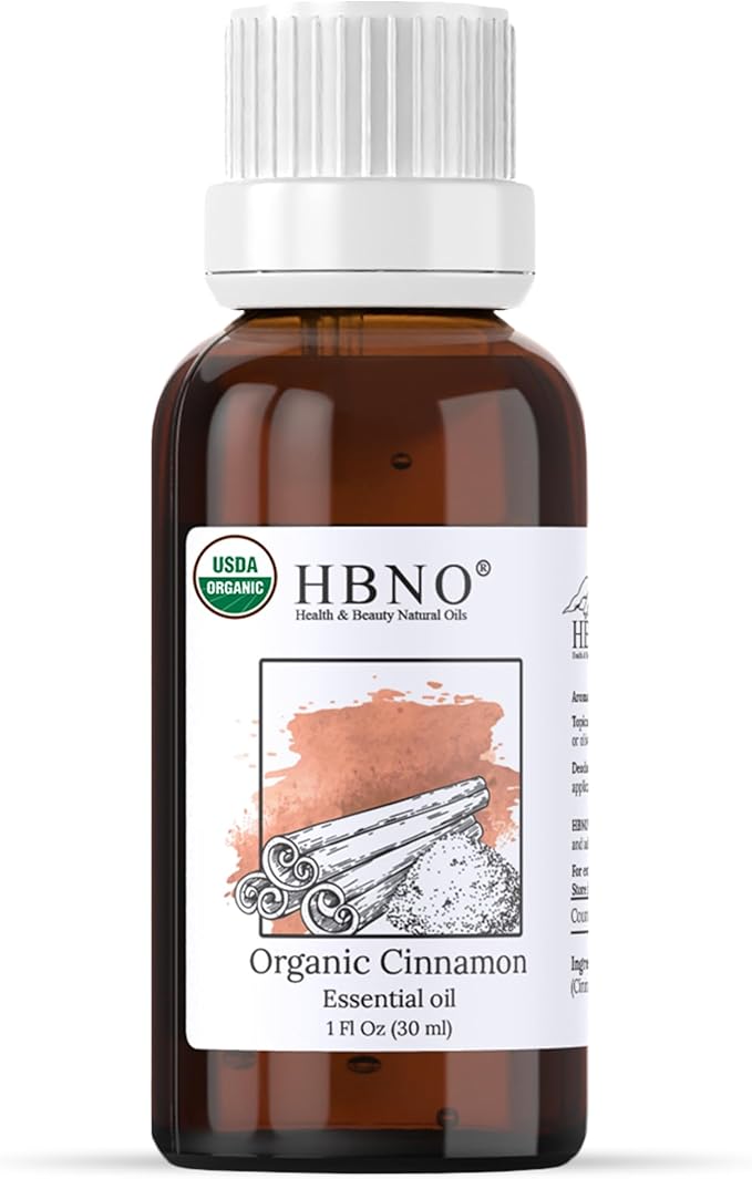 HBNO Organic Cinnamon Leaf Essential Oil - 1 oz (30ml) Travel Size - USDA Certified Organic Cinnamon Essential Oil, Perfect for Aromatherapy, Soap Making, DIY, Fragrances, Diffuser.