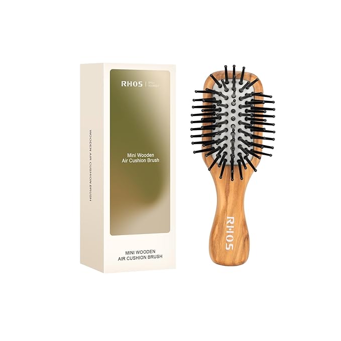 RHOS Mini Hair Brush for Women,Men and Kids-Travel Size Hair Brush for Purse,Pocket,backpack-Small Cushion Paddle Brush with Soft Bristles-Mini Detangler Brush for All Hair Types(1 Pack-Olive Wood)
